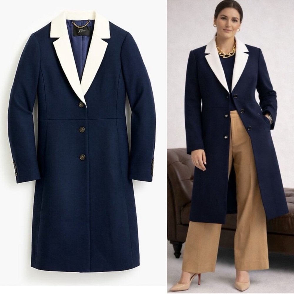 J. Crew 100% Wool Topcoat Contrast Lapel Double Serge Wool Navy Blue White 10 - Picture 1 of 9
